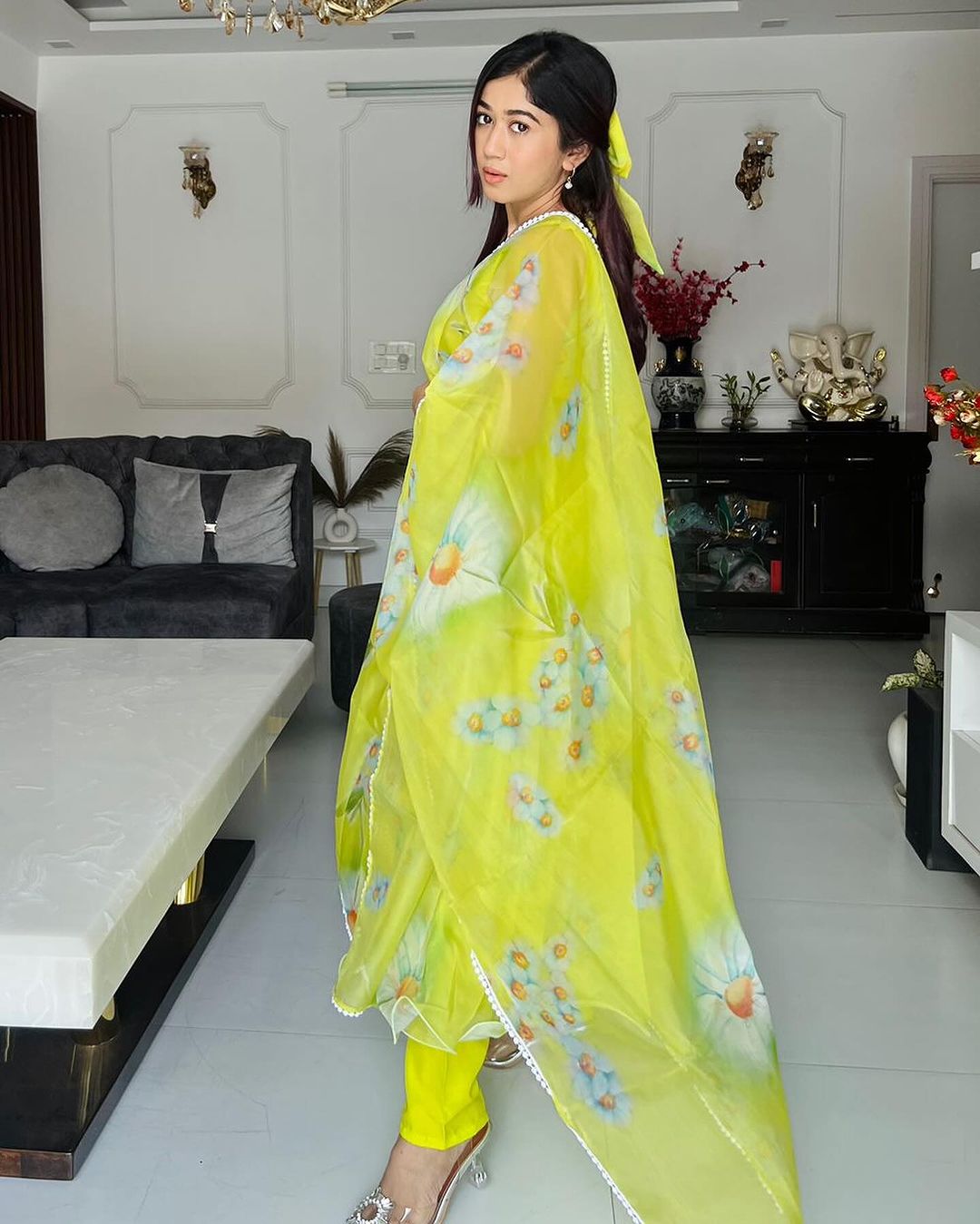 Neon Color Printed Soft Organza Anarkali Three Piece Suit