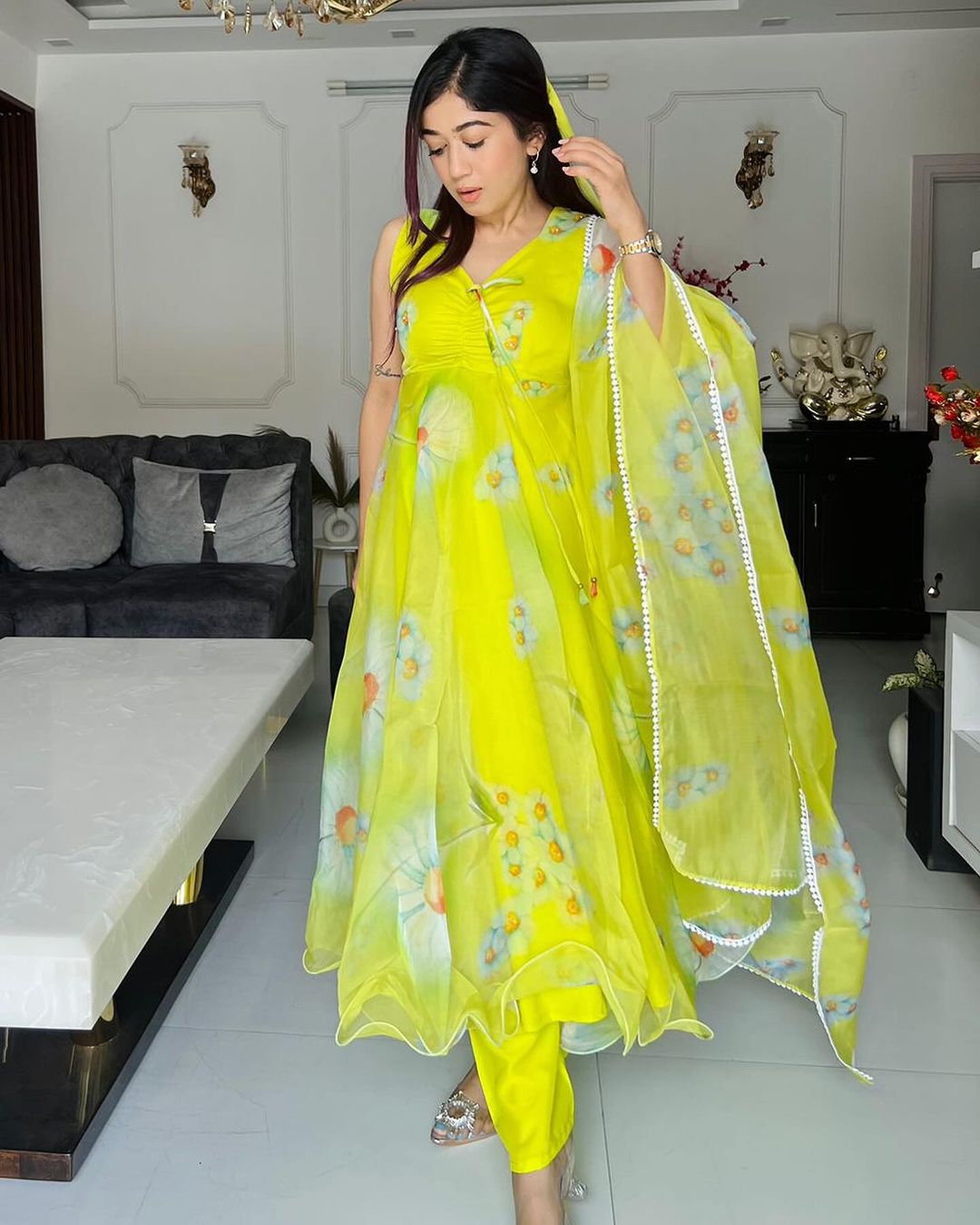 Neon Color Printed Soft Organza Anarkali Three Piece Suit