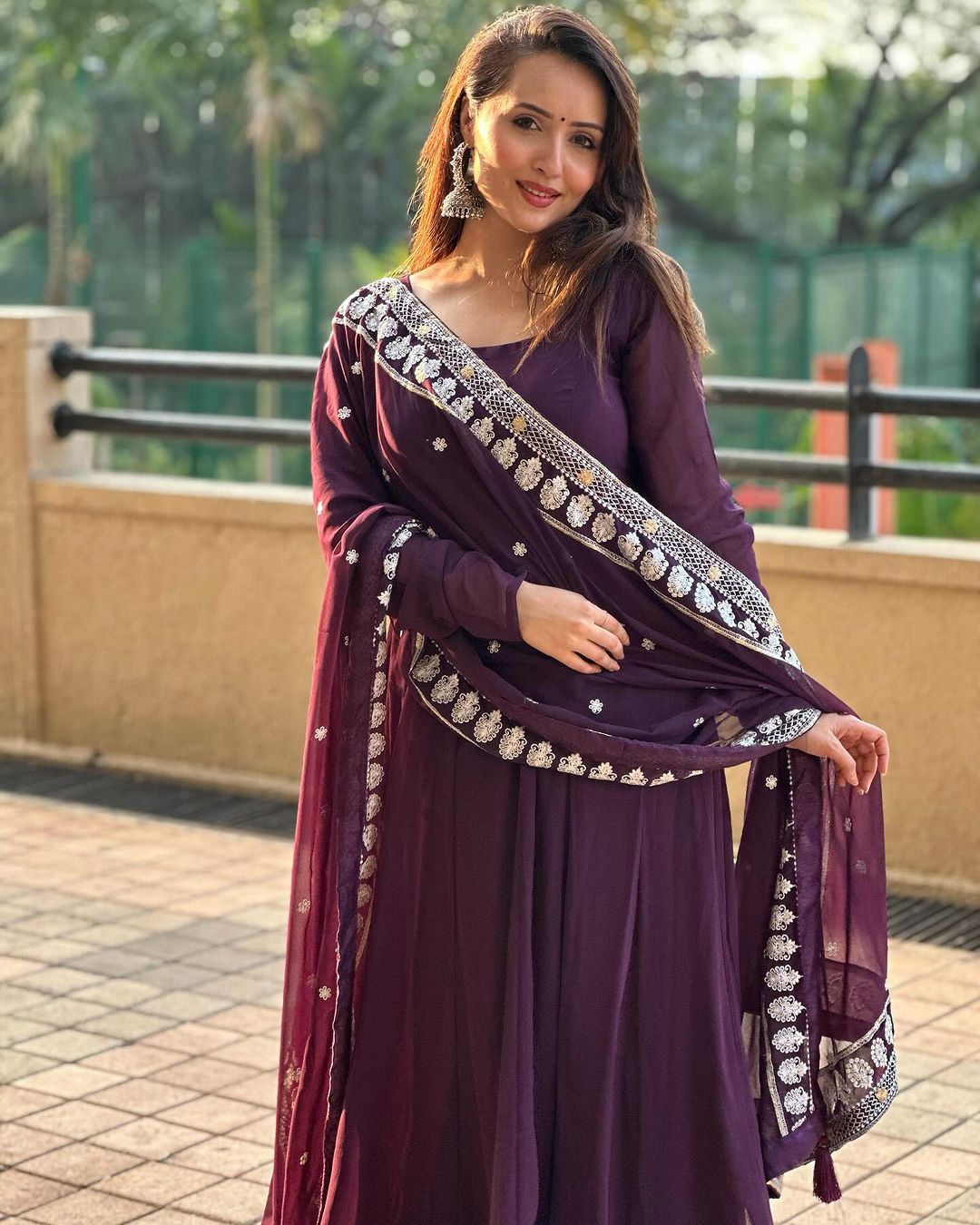 Varsha Rekhate in Wine Purple Colour Anarkali Three Piece Suit