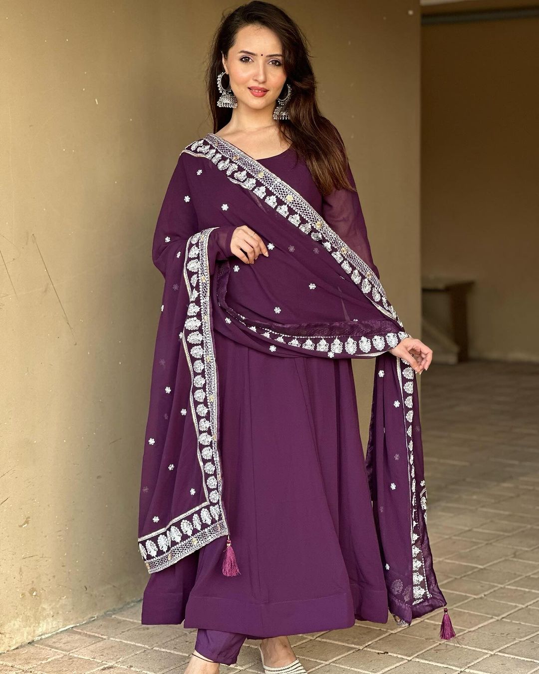 Varsha Rekhate in Wine Purple Colour Anarkali Three Piece Suit