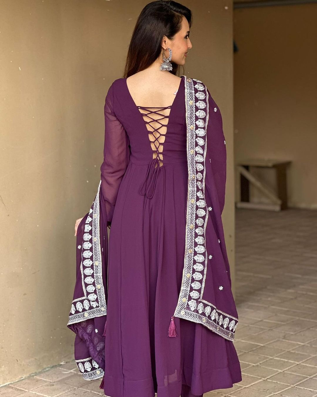 Varsha Rekhate in Wine Purple Colour Anarkali Three Piece Suit