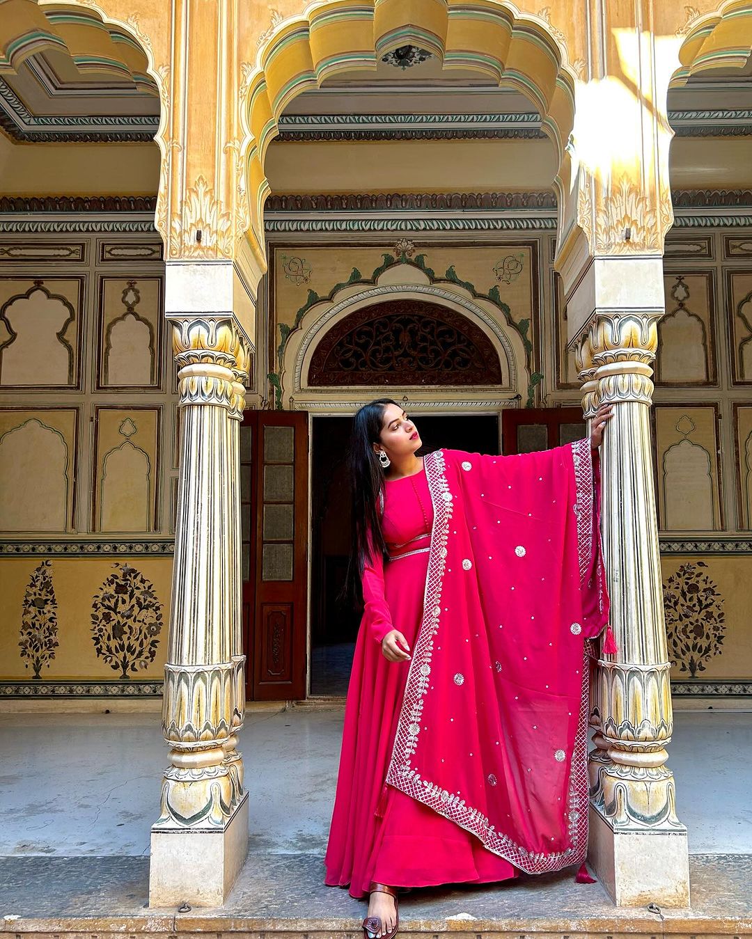 Arti Gupta in Our Rani Pink Embroidered Dupatta Anarkali Three Piece Suit
