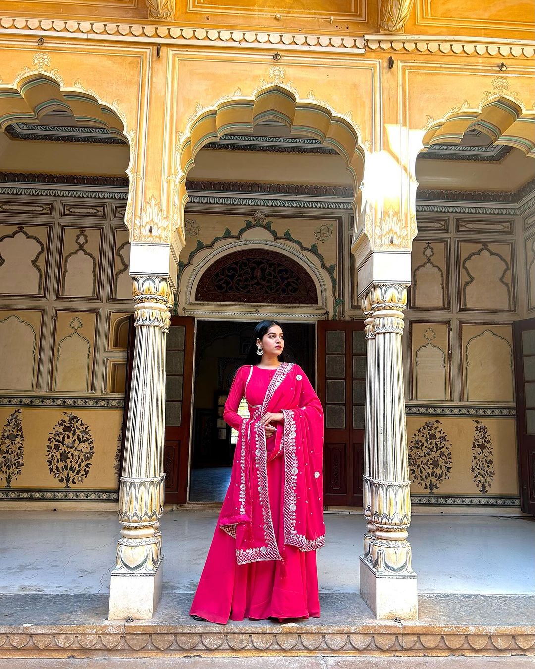 Arti Gupta in Our Rani Pink Embroidered Dupatta Anarkali Three Piece Suit