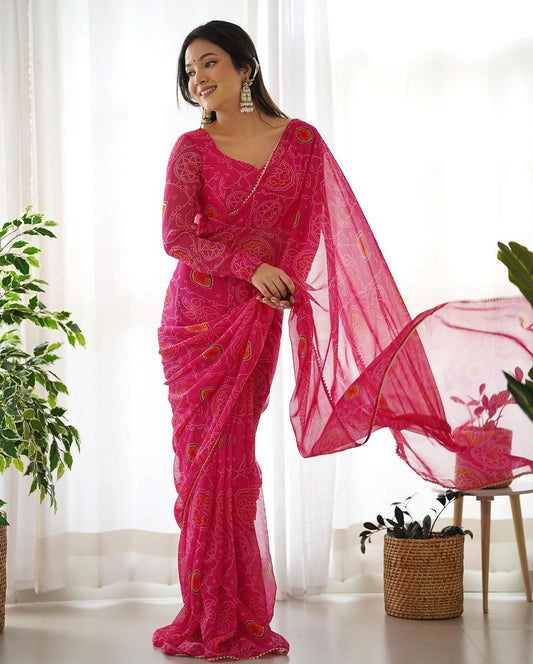 Arti Chauhan In Pink Bandhej Chiffon Pre Drapped Saree