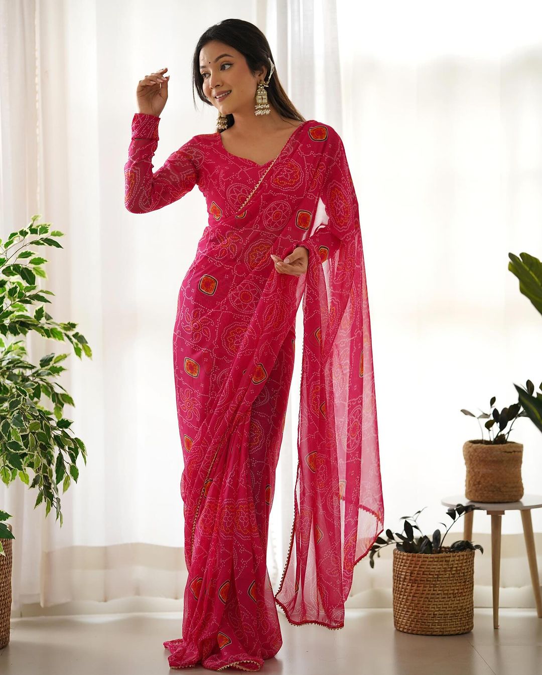 Arti Chauhan In Pink Bandhej Chiffon Pre Drapped Saree