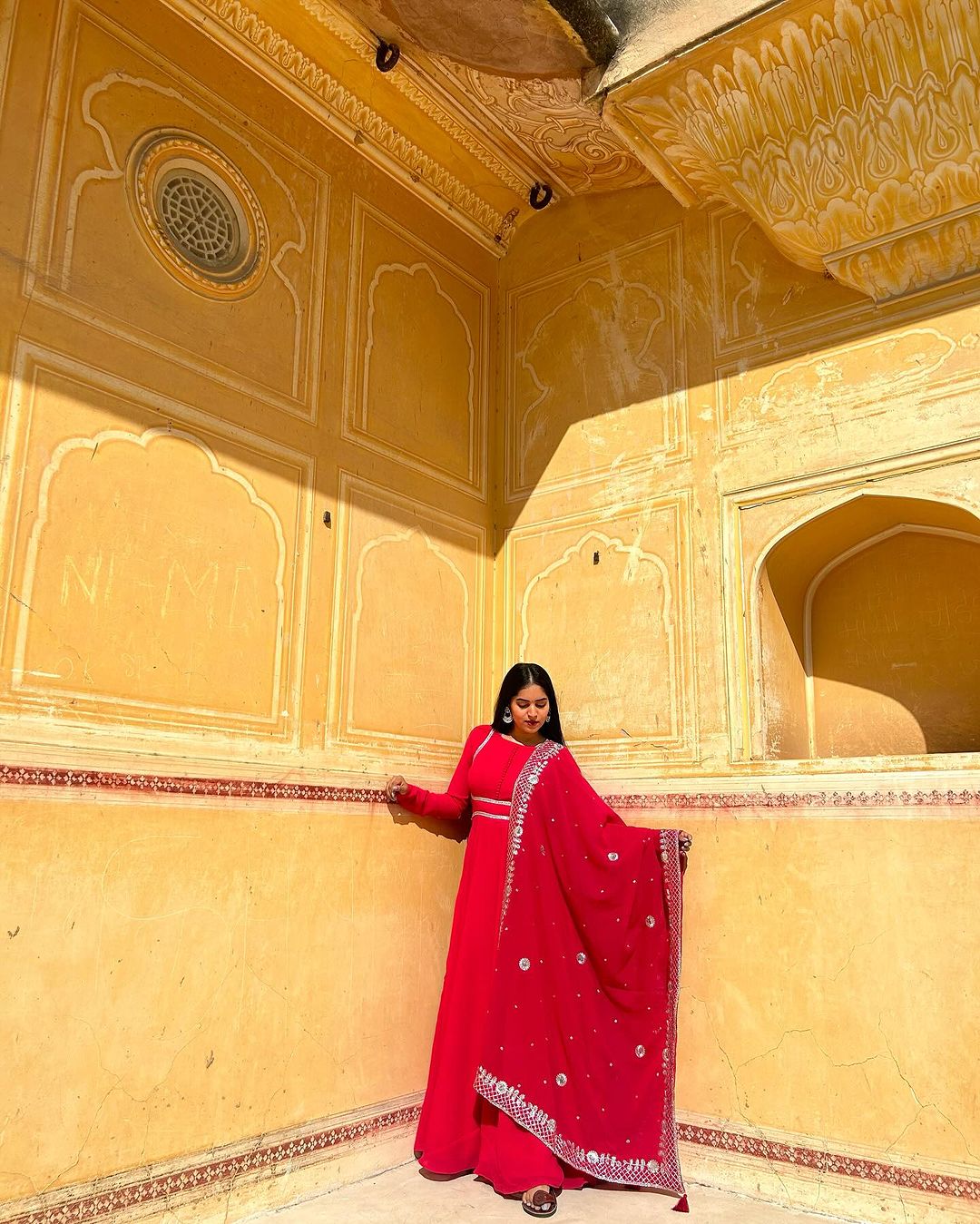 Arti Gupta in Our Rani Pink Embroidered Dupatta Anarkali Three Piece Suit