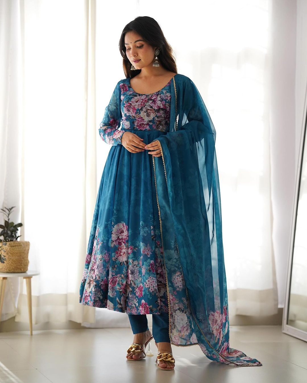 Rama Color Floral Print Organza Three Piece Anarkali Suit