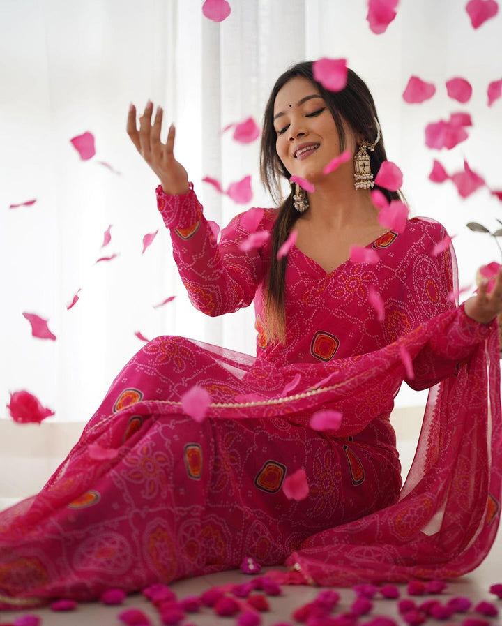 Arti Chauhan In Pink Bandhej Chiffon Pre Drapped Saree
