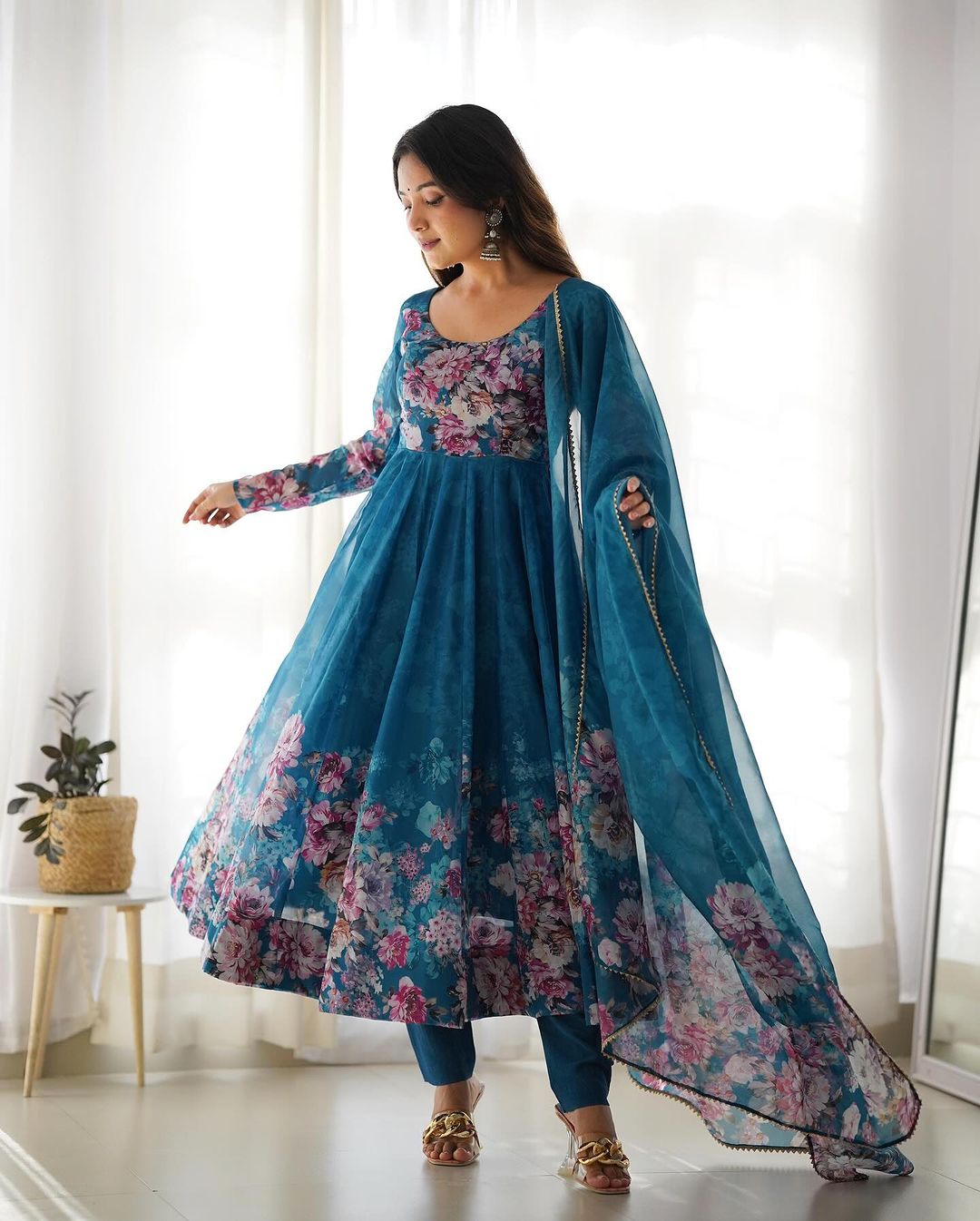 Rama Color Floral Print Organza Three Piece Anarkali Suit