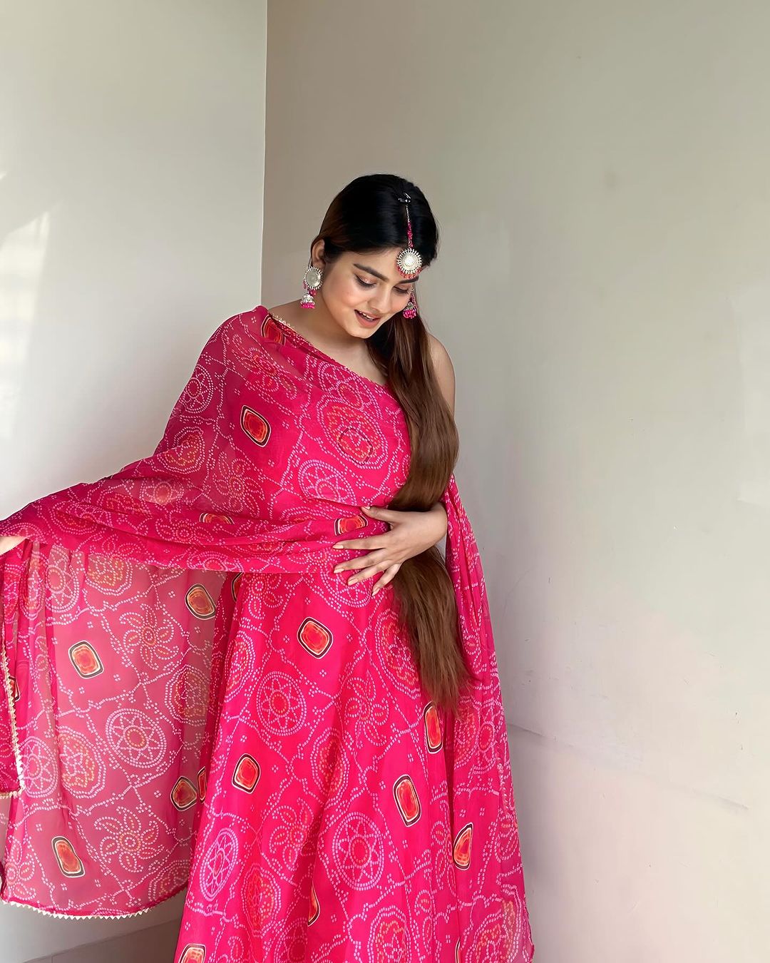 Kanak Mishra In Floral Pink Color Soft Chiffon Three Piece Anarkali Gown