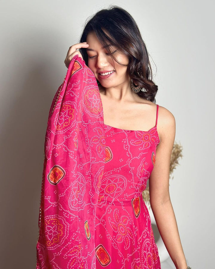 Pink Color Amazing Bandhani Print Soft Chiffon Three Piece Anarkali Gown
