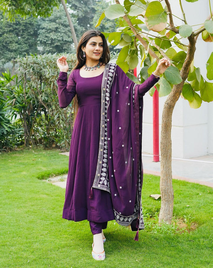 Diksha Mohanpawar Georgette Wine Purple Colour Three Piece Anarkali Suit