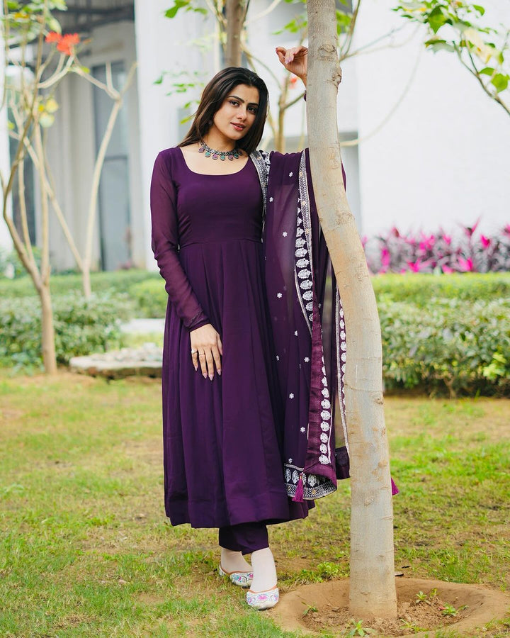 Diksha Mohanpawar Georgette Wine Purple Colour Three Piece Anarkali Suit