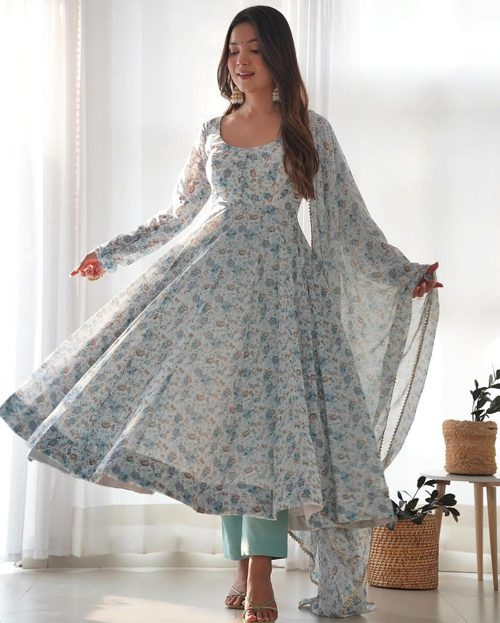 White Heavy Chiffon Floral Print With Fully Flair Three Piece Anarkali Suit