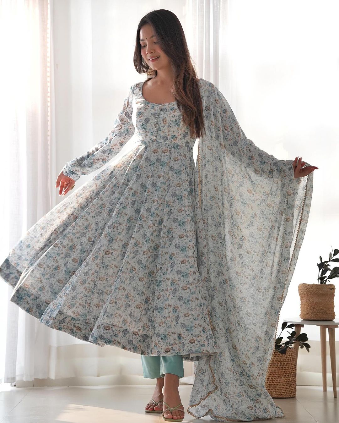 White Heavy Chiffon Floral Print With Fully Flair Three Piece Anarkali Suit