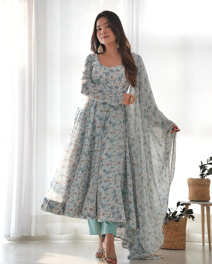 White Heavy Chiffon Floral Print With Fully Flair Three Piece Anarkali Suit