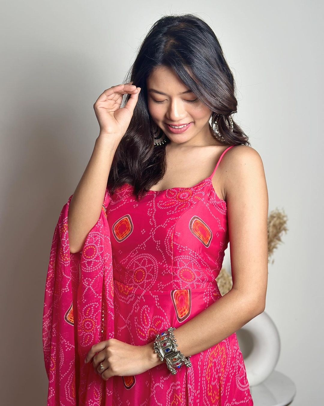 Pink Color Amazing Bandhani Print Soft Chiffon Three Piece Anarkali Gown