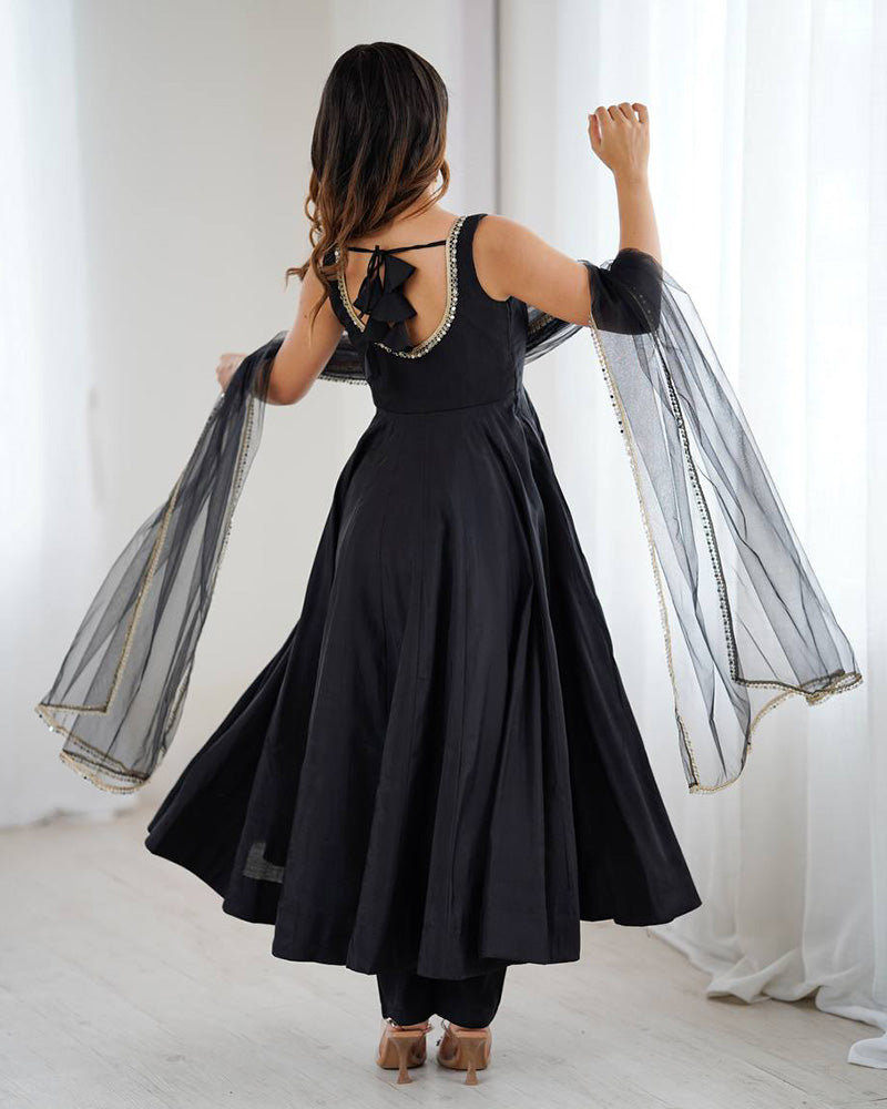 Black Color Chanderi Pure Roman Silk Anarkali Suit