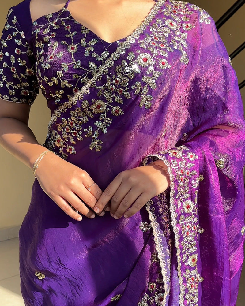 Purple Color Fendi Chiffon Sequence Embroidered Saree