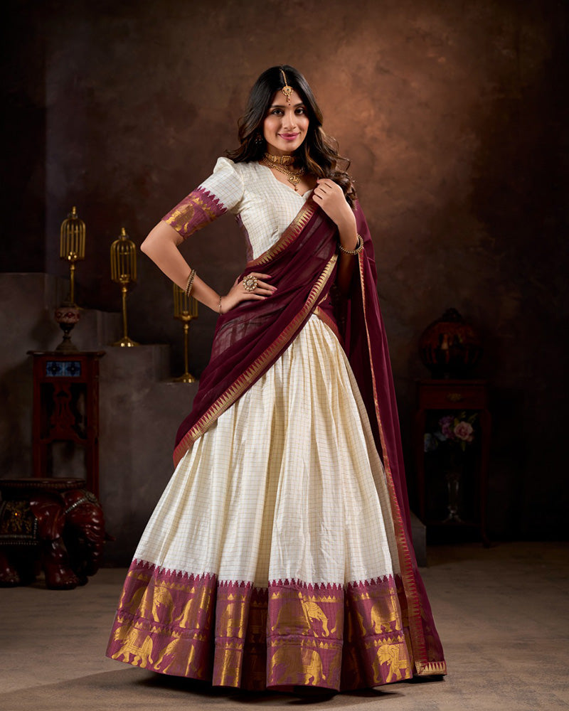 White And Maroon Color Poly Cotton Chex Onam Half Saree