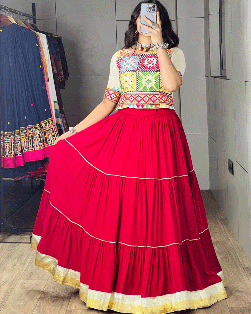White And Gajari Pink Color Rayon cotton Navratri Lehenga Set