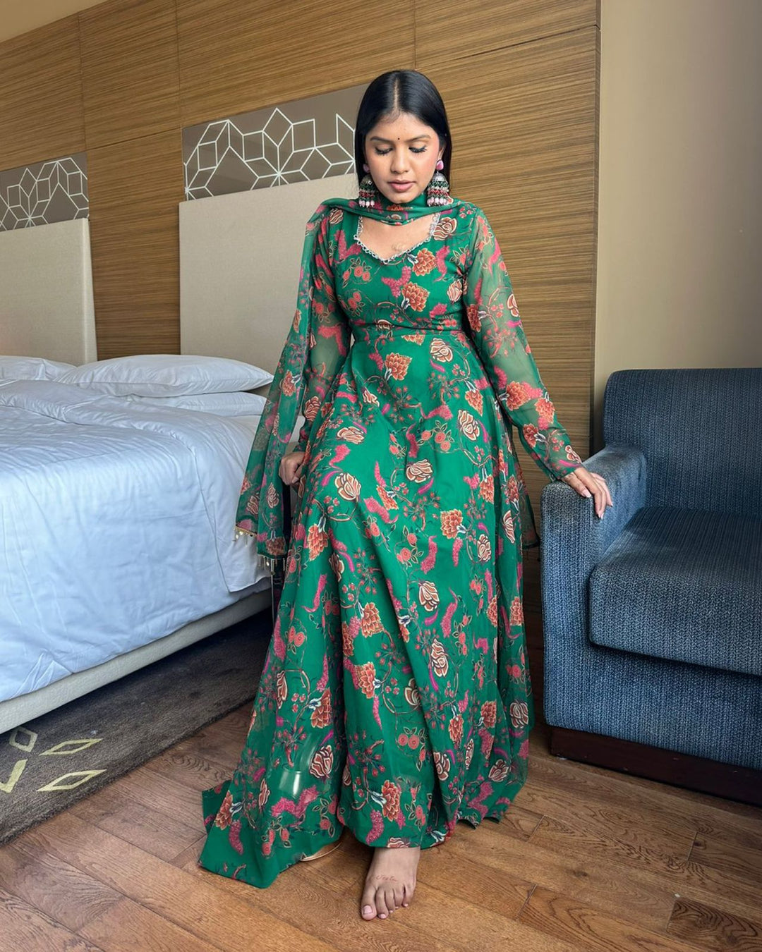 Jeetu Sri Yadav in Green Colour Printe Floor Length Two Piece Anarkali Suit