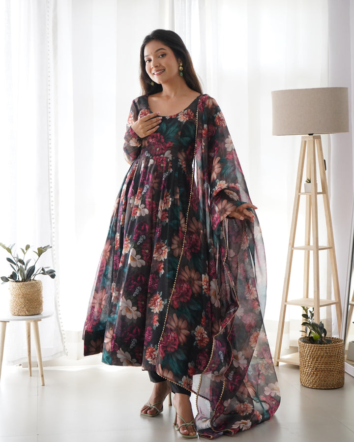 Floral Print Soft Organza Silk Black Color Three Piece Anarkali Suit