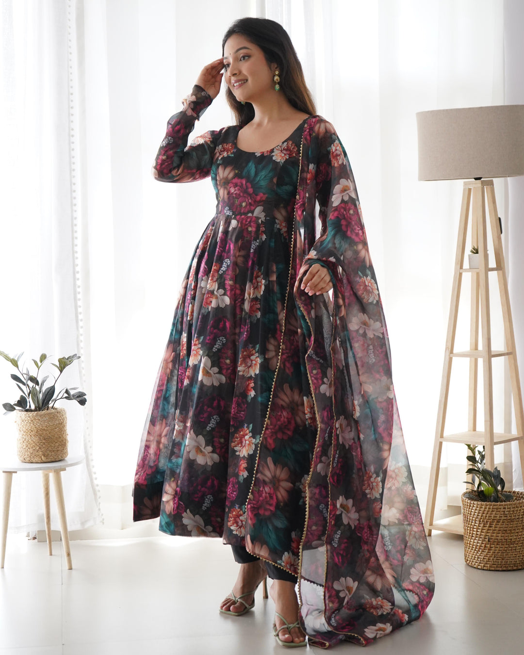 Floral Print Soft Organza Silk Black Color Three Piece Anarkali Suit