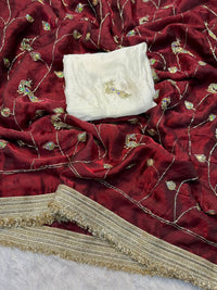 Marron Color Space Satin Embroidered Saree