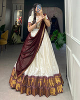 White And Maroon Color Poly Cotton Chex Onam Half Saree