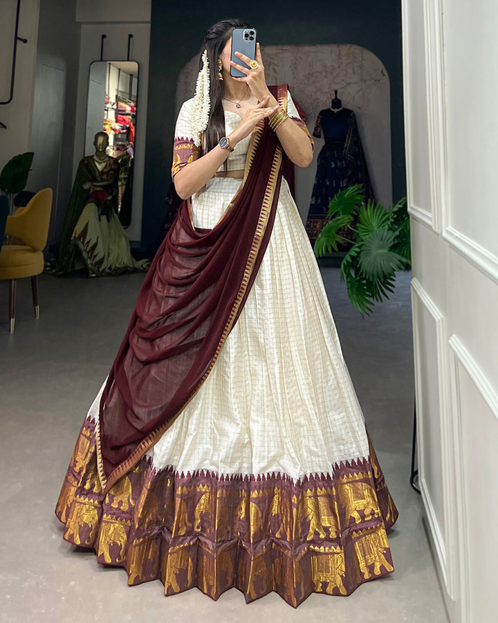 White And Maroon Color Poly Cotton Chex Onam Half Saree