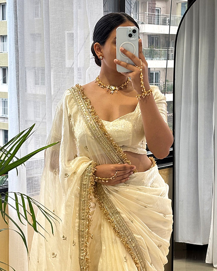Cream Color Space Satin Embroidered Saree