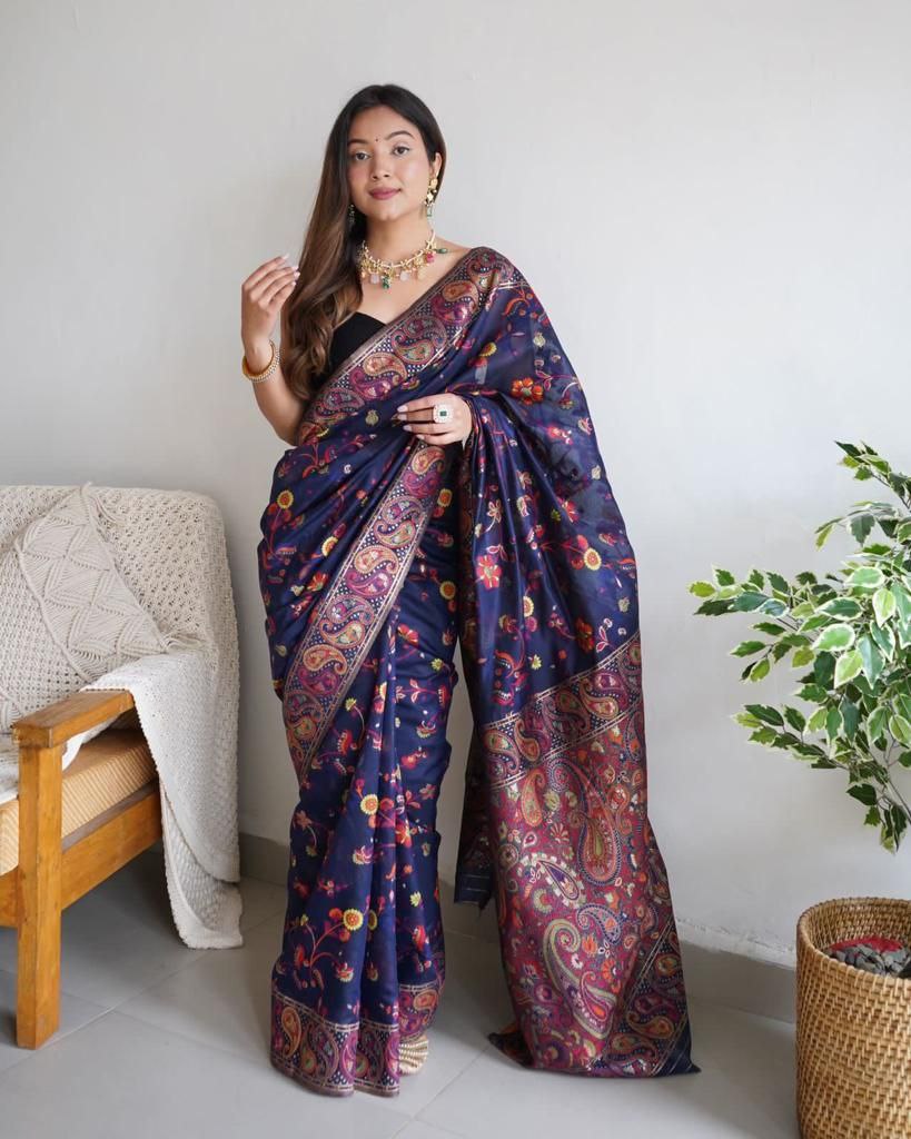 Navy Blue Colour Banarsi Soft Silk Saree