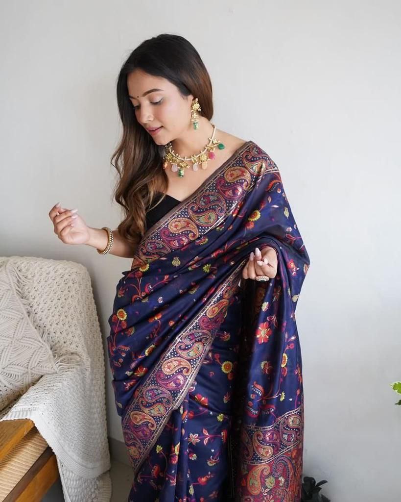 Navy Blue Colour Banarsi Soft Silk Saree