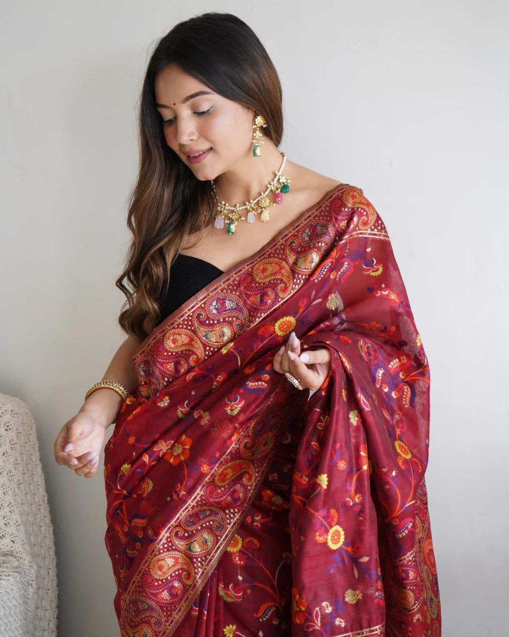 Maroon Colour Banarsi Soft Silk Saree