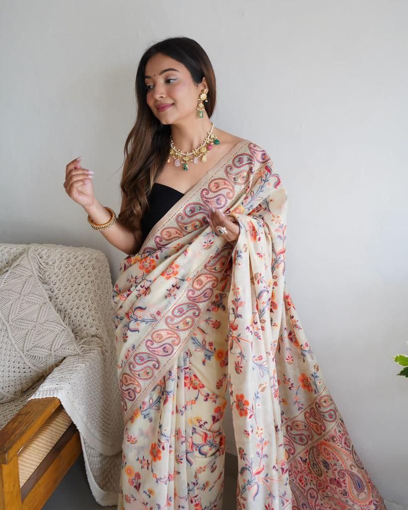 white Color Banarsi Soft Silk Saree