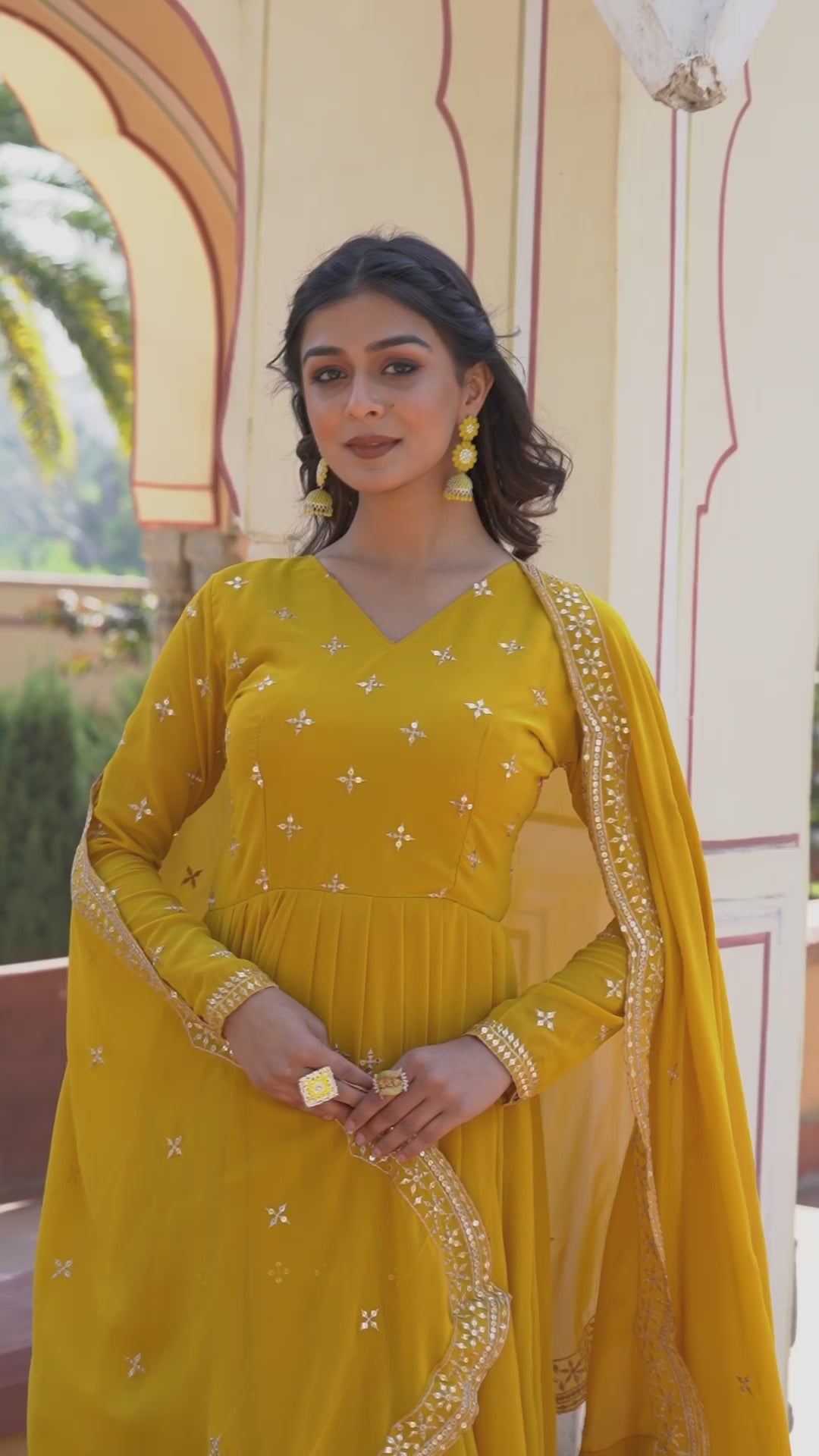 Yellow Color Full Flair Anarkali Gown With Embroidered Dupatta