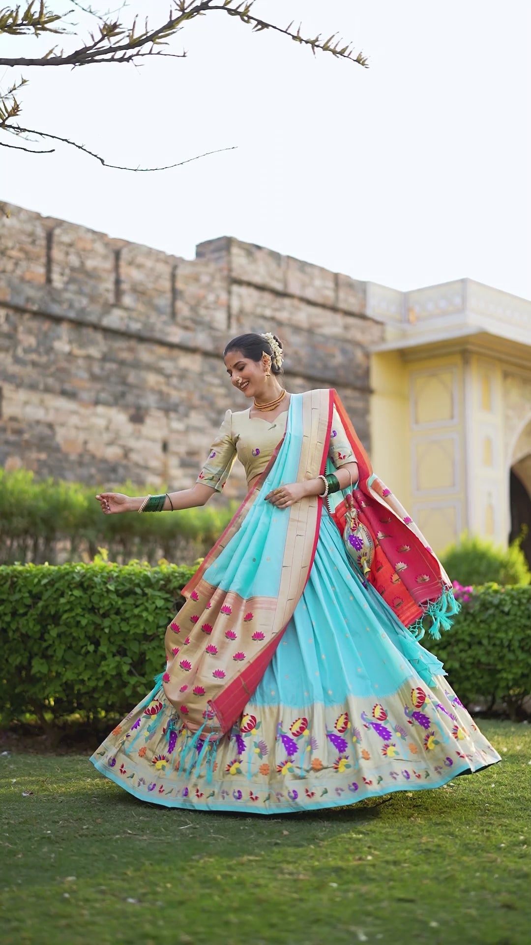 Designer Sky Blue Color Jacquard Paithani silk Lehenga Choli