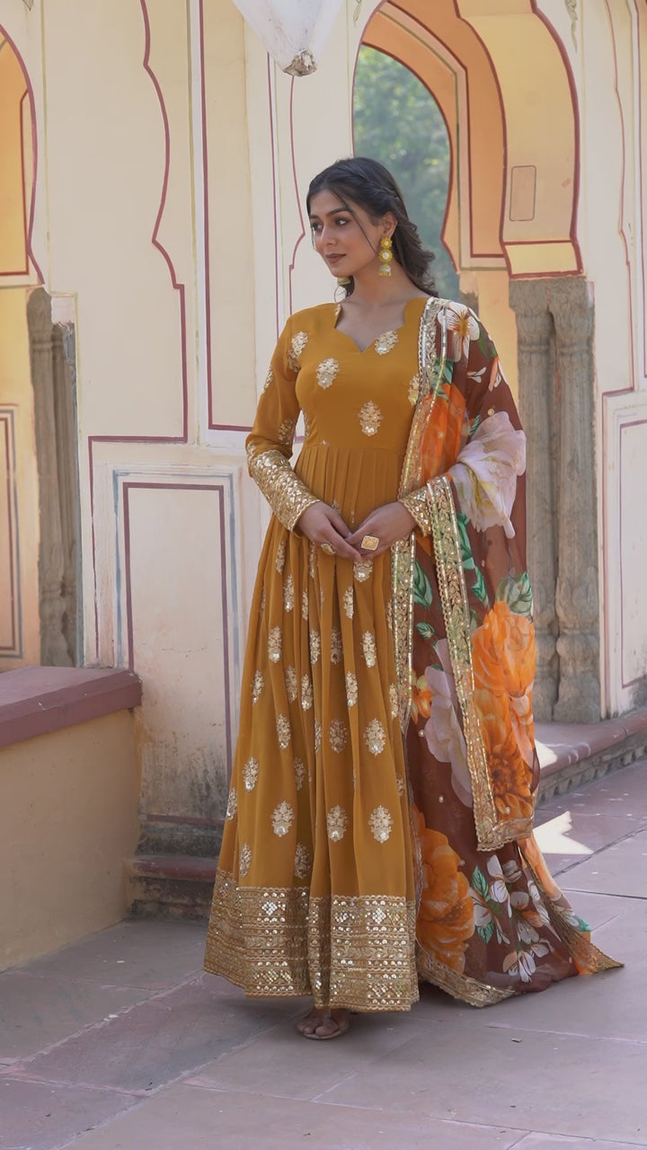 Faux Georgette Mustard Yellow Color Anarkali Gown With Tebby Silk Dupatta