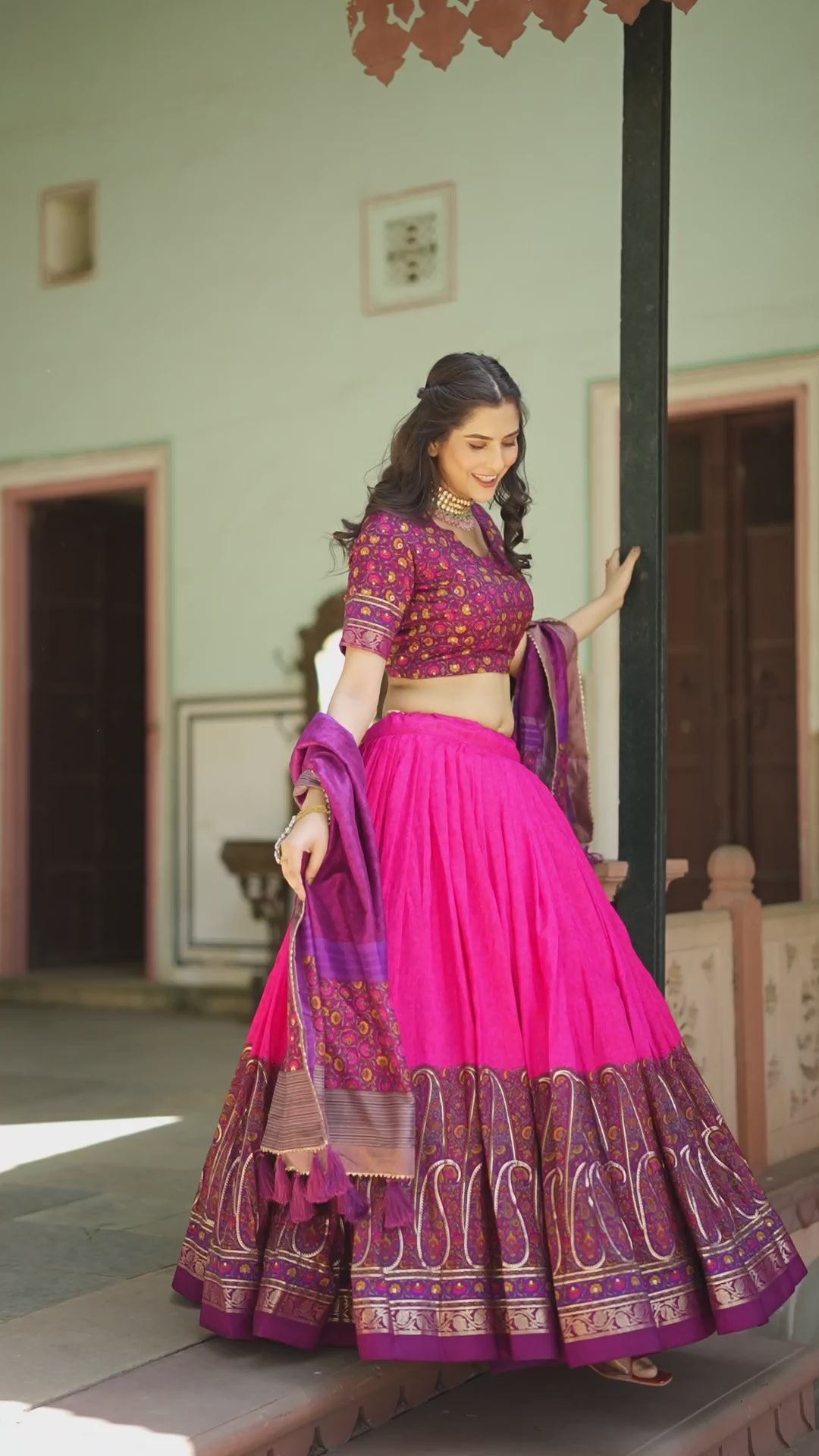 Designer Pink Color Tussar Silk Kashmiri Print Lehenga Choli