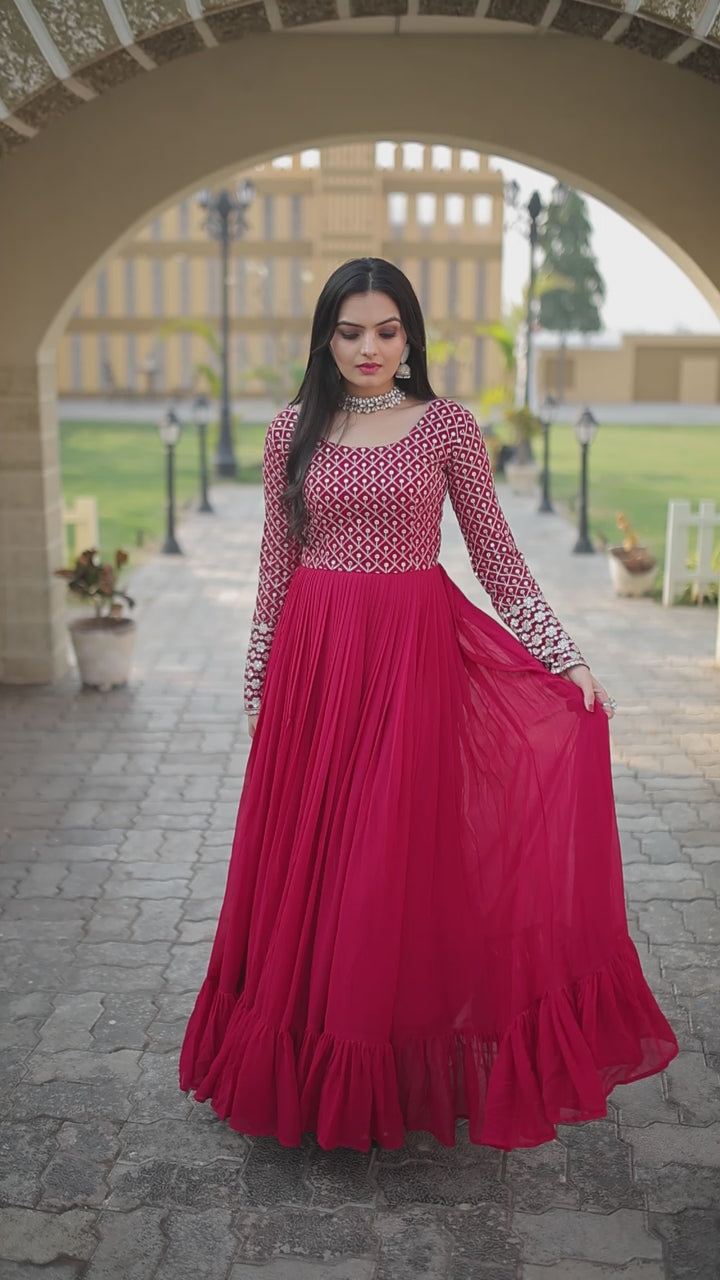 Pink Color Designer Zari Embroidery work Gown